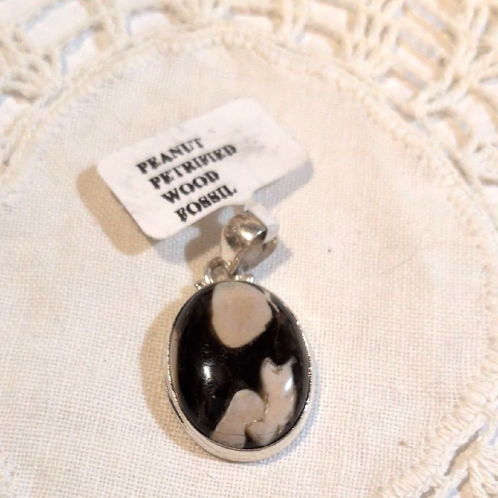 Peanut Petrified Wood Fossil Oval Pendant - Stamped 925 Sterling Silver